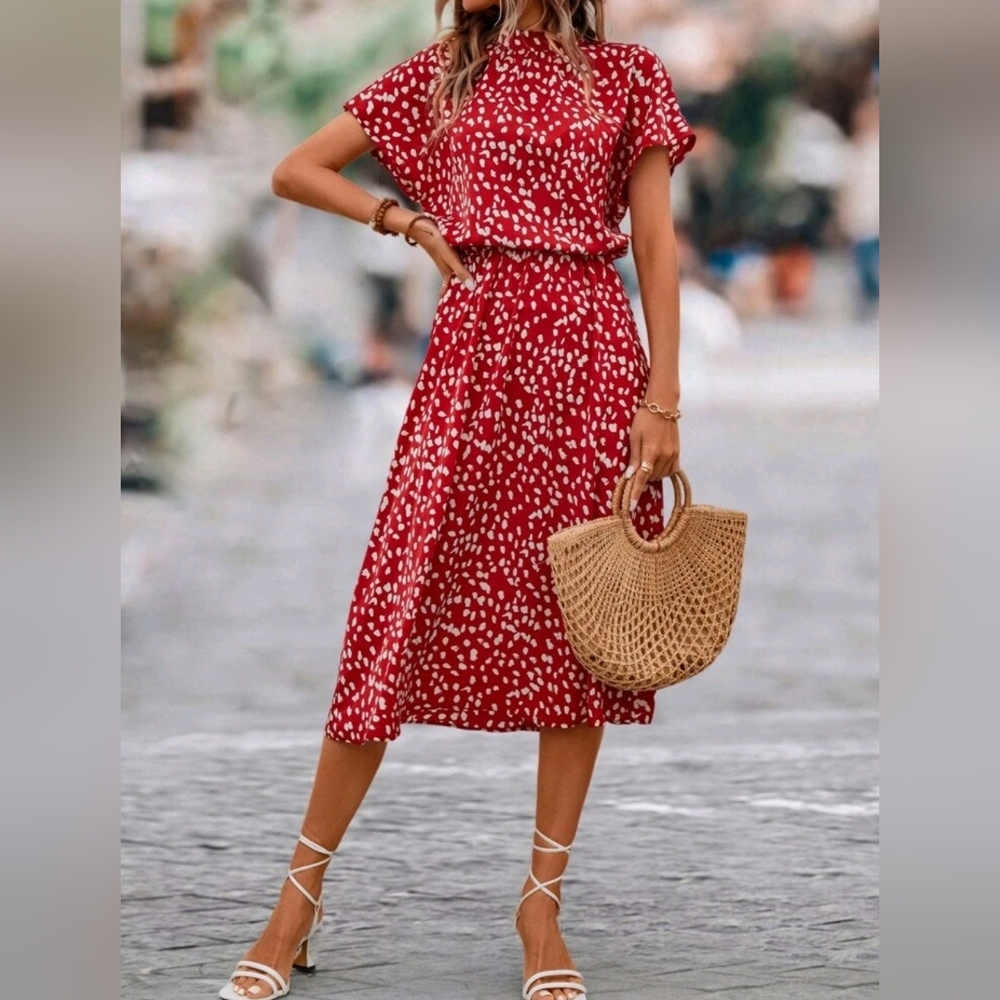 New Chic Blouson Top Dot Print Flare Midi Dress Red White